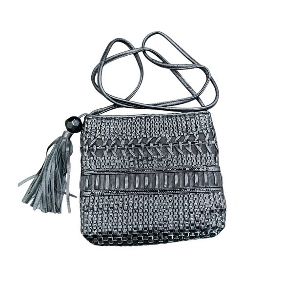 Sharif Woven Leather Crossbody Bag Black Made in USA Boho Vintage - Picture 1 of 8